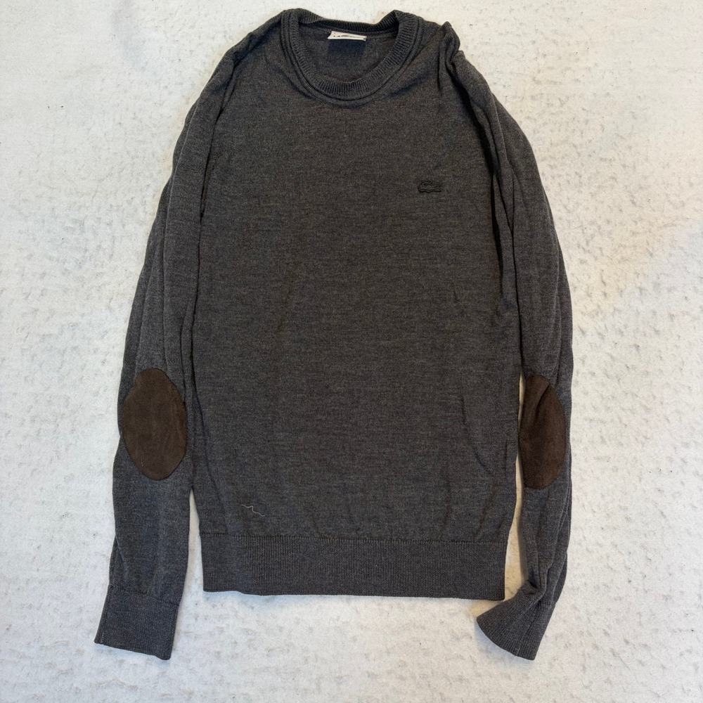 Lacoste Crewneck Sweater Mens 2 Gray Wool Elbow Patches